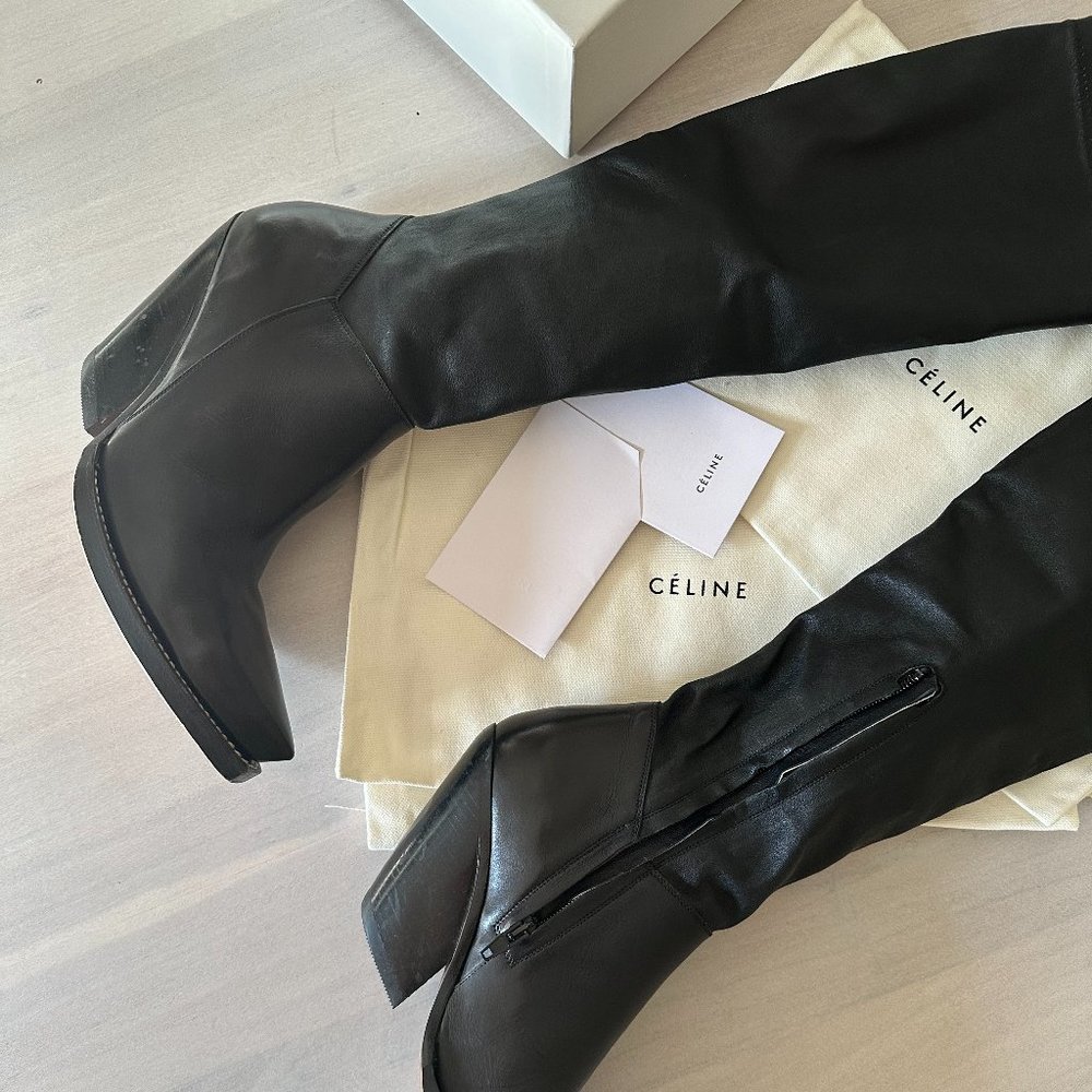 Celine Size 37.5 High Leather Black Boots | Pointed Toe | Cowboy Style